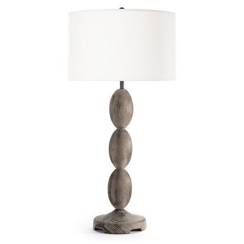 Buoy styled birch wood coastal lamp with white linen shade